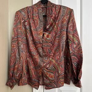 Vintage Paisley Print Button Up Blouse Women's Long Sleeve Silk Blend Top